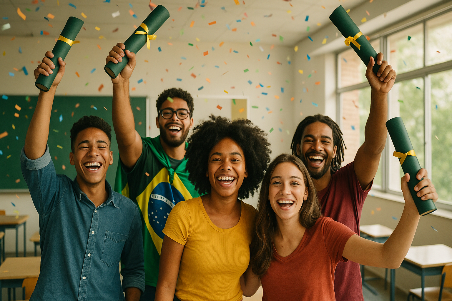 Grupo de estudantes felizes após conquistar o diploma